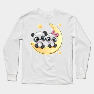 Two cute pandas is sitting on the moon. Long Sleeve T-Shirt